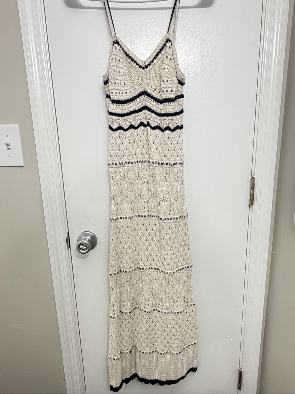 Olive & Oak Cream Crochet Maxi Dress with Black Trim